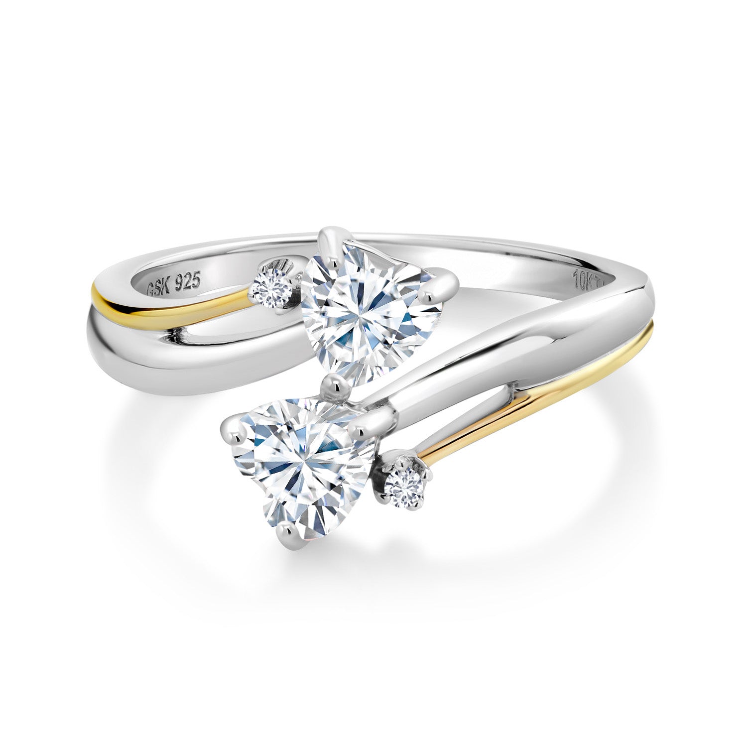 925 Silver and 10K Yellow Gold Heart Shape White Moissanite and White Lab Grown Diamond Two Tone 2 Heart Promise Couple Women Engagement Mother Ring (0.86 Cttw, Available In Size 5, 6, 7, 8, 9)