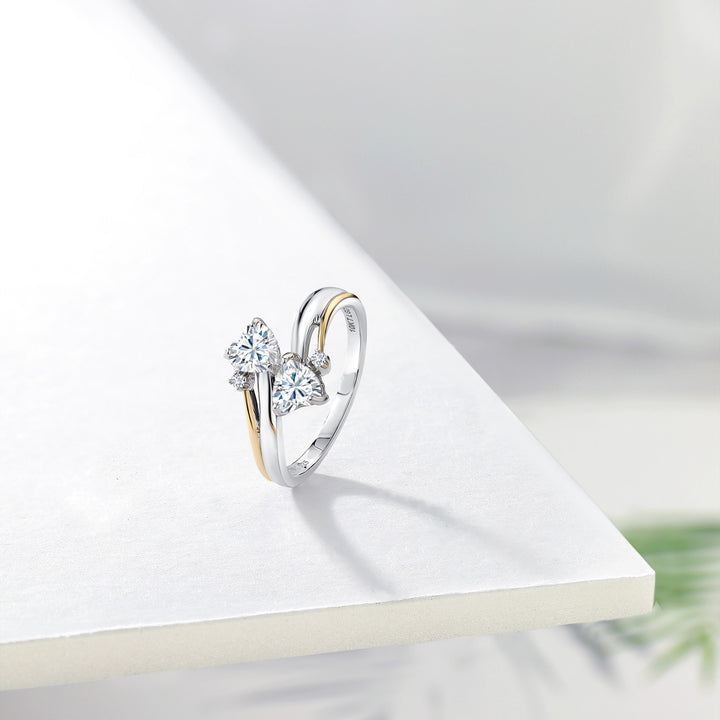 925 Silver and 10K Yellow Gold Heart Shape White Moissanite and White Lab Grown Diamond Two Tone 2 Heart Promise Couple Women Engagement Mother Ring (0.86 Cttw, Available In Size 5, 6, 7, 8, 9)