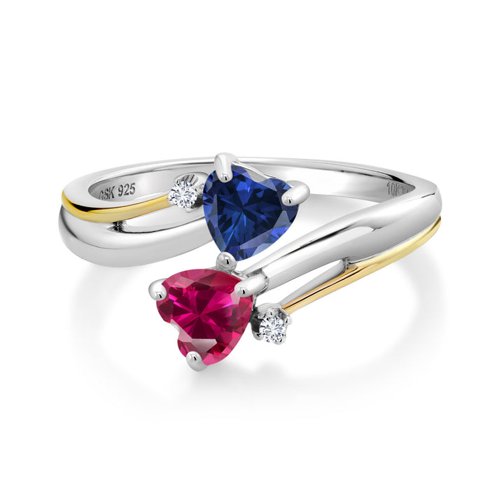 925 Silver and 10K Yellow Gold Blue Created Sapphire Red Created Ruby and Lab Grown Diamond 2 Heart Promise Couple Engagement Mother Ring For Women (1.12 Cttw, Available In Size 5, 6, 7, 8, 9)