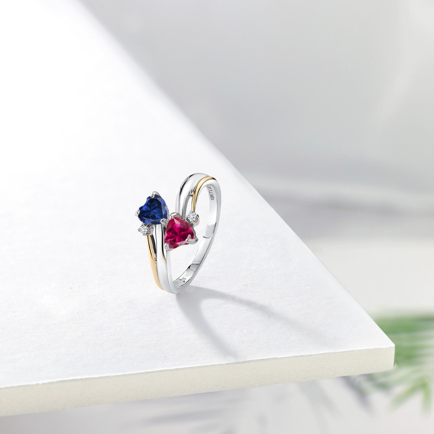 925 Silver and 10K Yellow Gold Blue Created Sapphire Red Created Ruby and Lab Grown Diamond 2 Heart Promise Couple Engagement Mother Ring For Women (1.12 Cttw, Available In Size 5, 6, 7, 8, 9)