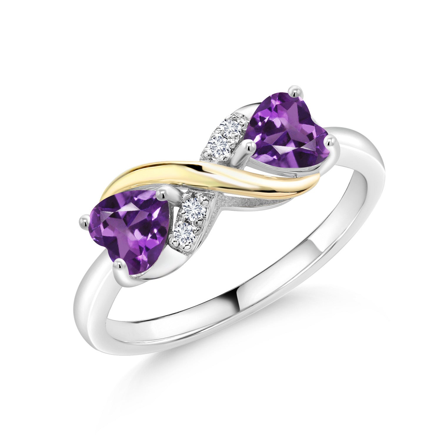 925 Sterling Silver and 10K Yellow Gold Heart Shape Purple Amethyst and White Lab Grown Diamond Women Ring (0.88 Cttw, Gemstone Birthstone, Available In Size 5, 6, 7, 8, 9)