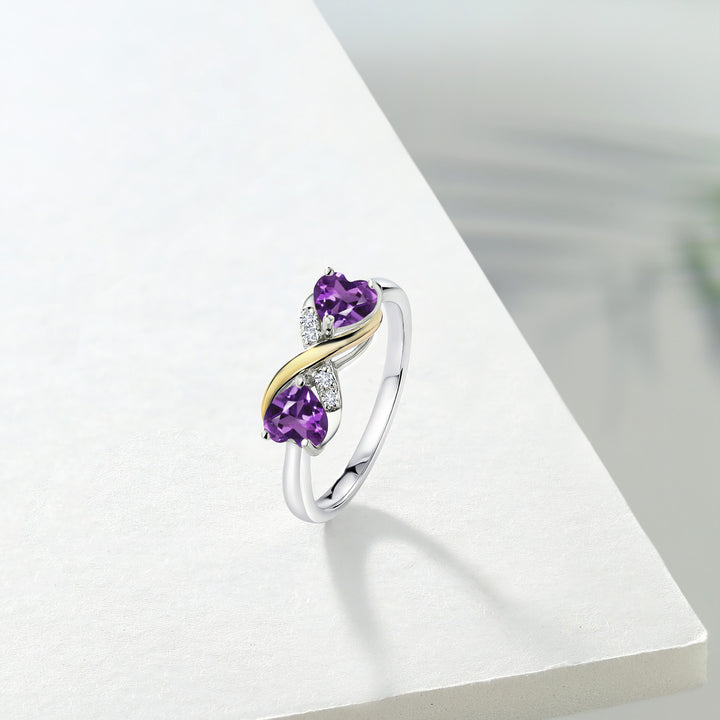 925 Sterling Silver and 10K Yellow Gold Heart Shape Purple Amethyst and White Lab Grown Diamond Women Ring (0.88 Cttw, Gemstone Birthstone, Available In Size 5, 6, 7, 8, 9)