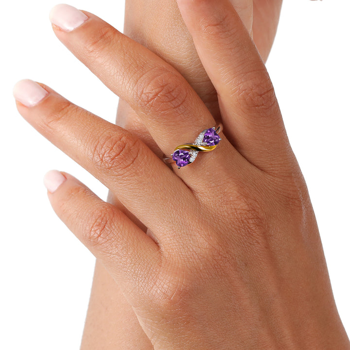 925 Sterling Silver and 10K Yellow Gold Heart Shape Purple Amethyst and White Lab Grown Diamond Women Ring (0.88 Cttw, Gemstone Birthstone, Available In Size 5, 6, 7, 8, 9)