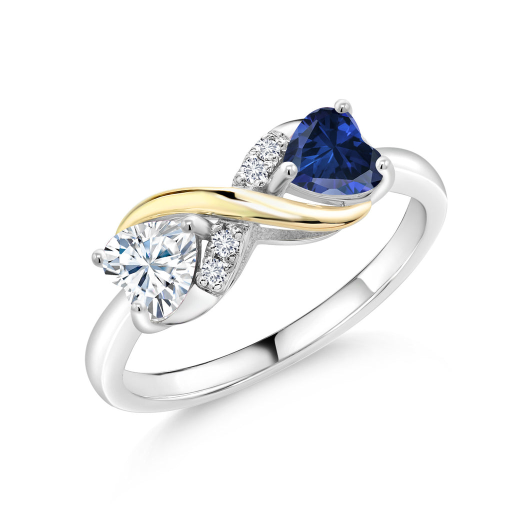 Gem Stone King Moissanite and Gemstone Birthstone Eternal Love Infinity Ring for Women with Lab Grown Diamond Accent | 925 Silver 10K Yellow Gold | Heart 5MM & Round 1.3MM | Two-Tone Wedding Anniversary Promise Ring