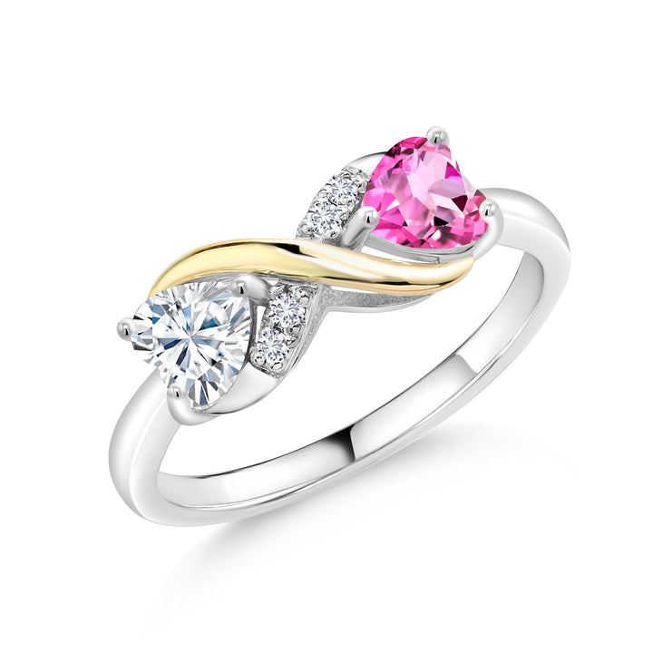 Gem Stone King Moissanite and Gemstone Birthstone Eternal Love Infinity Ring for Women with Lab Grown Diamond Accent | 925 Silver 10K Yellow Gold | Heart 5MM & Round 1.3MM | Two-Tone Wedding Anniversary Promise Ring