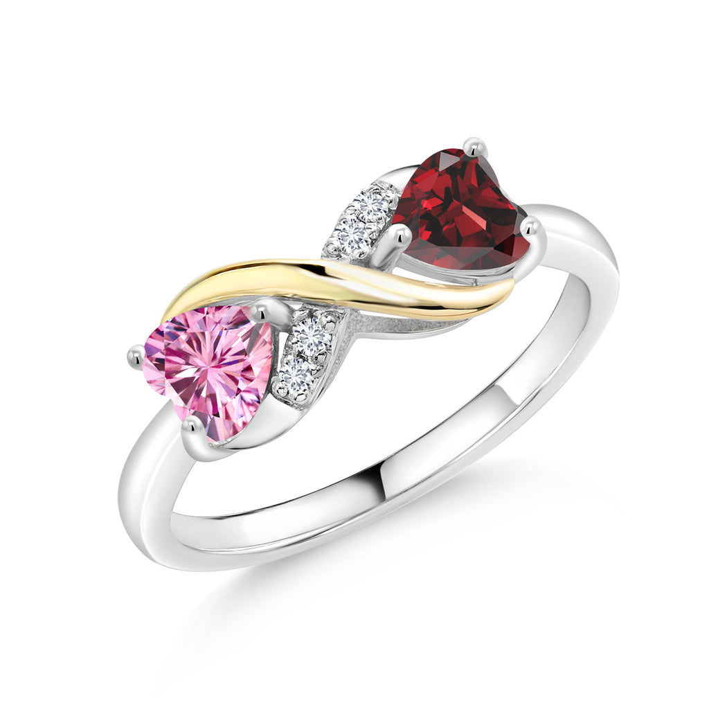 Gem Stone King 925 Silver and 10K Yellow Gold Ring Heart Shape Pink Moissanite and Garnet Red (1.14 Cttw)