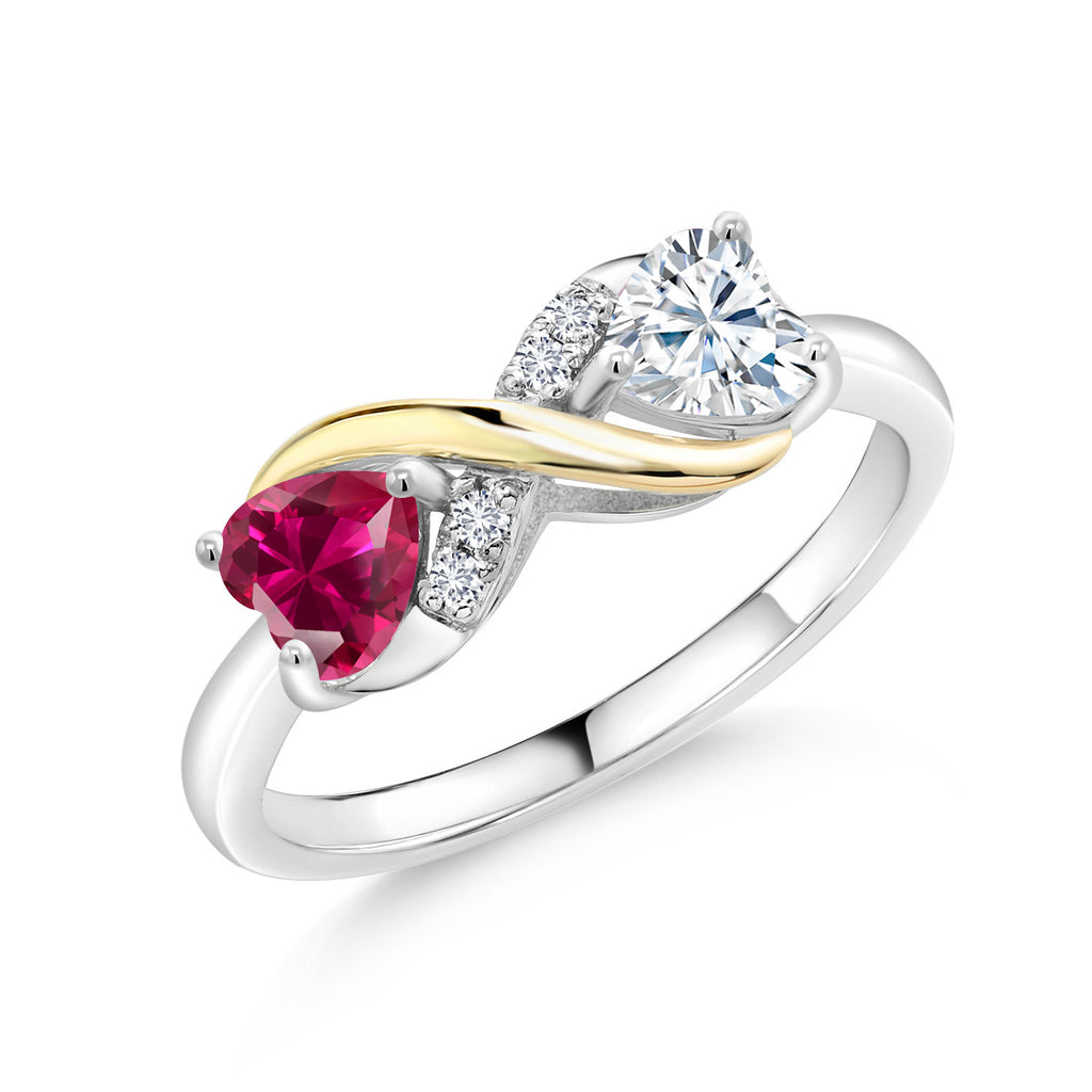 Created Ruby - White Moissanite_9_Ring in 925 Sterling Silver and 10K Yellow Gold