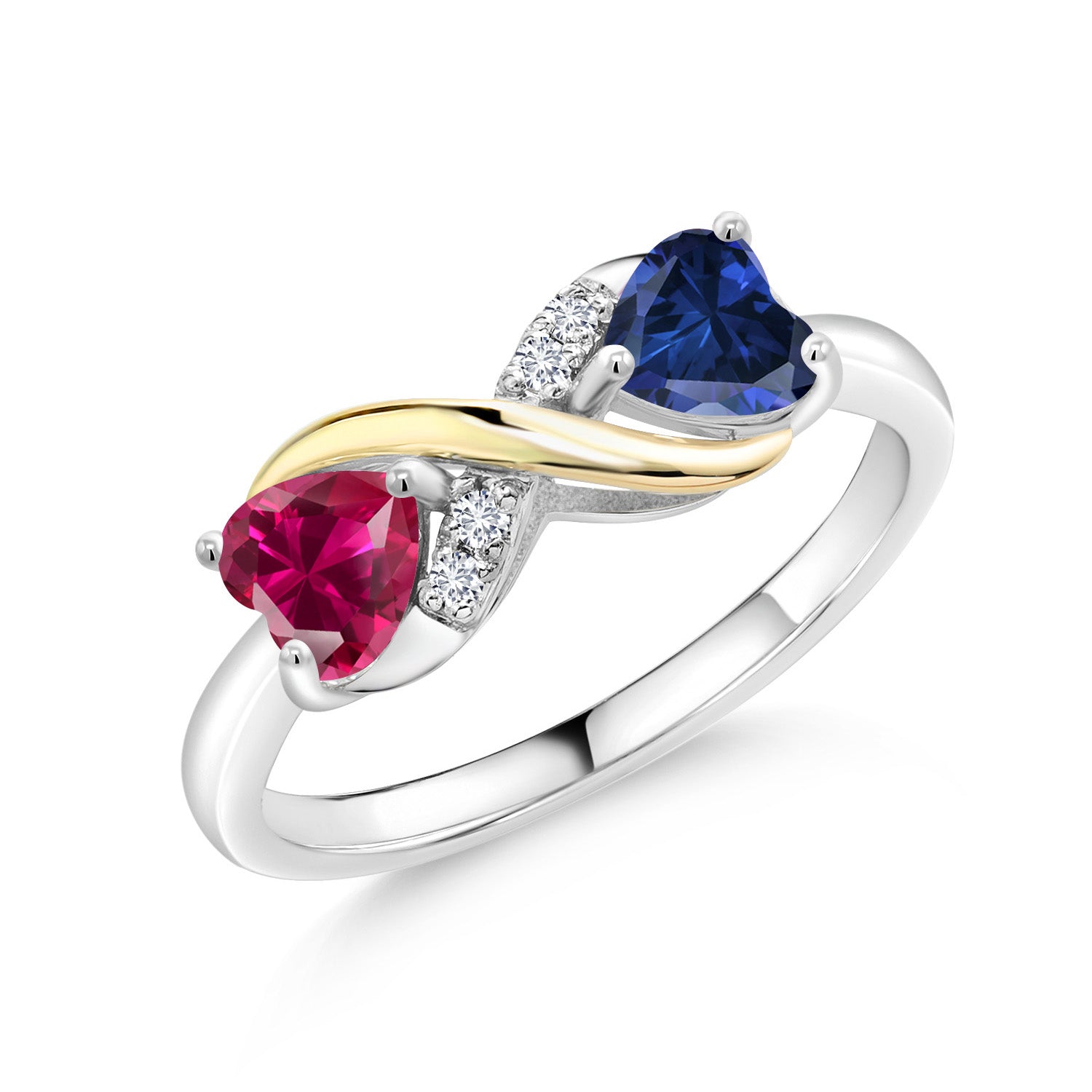 925 Sterling Silver and 10K Yellow Gold Red Created Ruby Blue Created Sapphire and Lab Grown Diamond Ring For Women (1.14 Cttw, Available In Size 5, 6, 7, 8, 9)