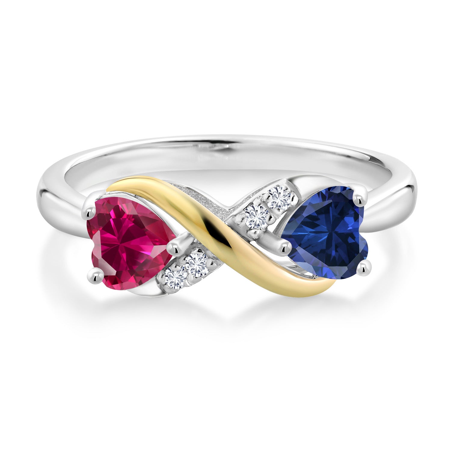 925 Sterling Silver and 10K Yellow Gold Red Created Ruby Blue Created Sapphire and Lab Grown Diamond Ring For Women (1.14 Cttw, Available In Size 5, 6, 7, 8, 9)