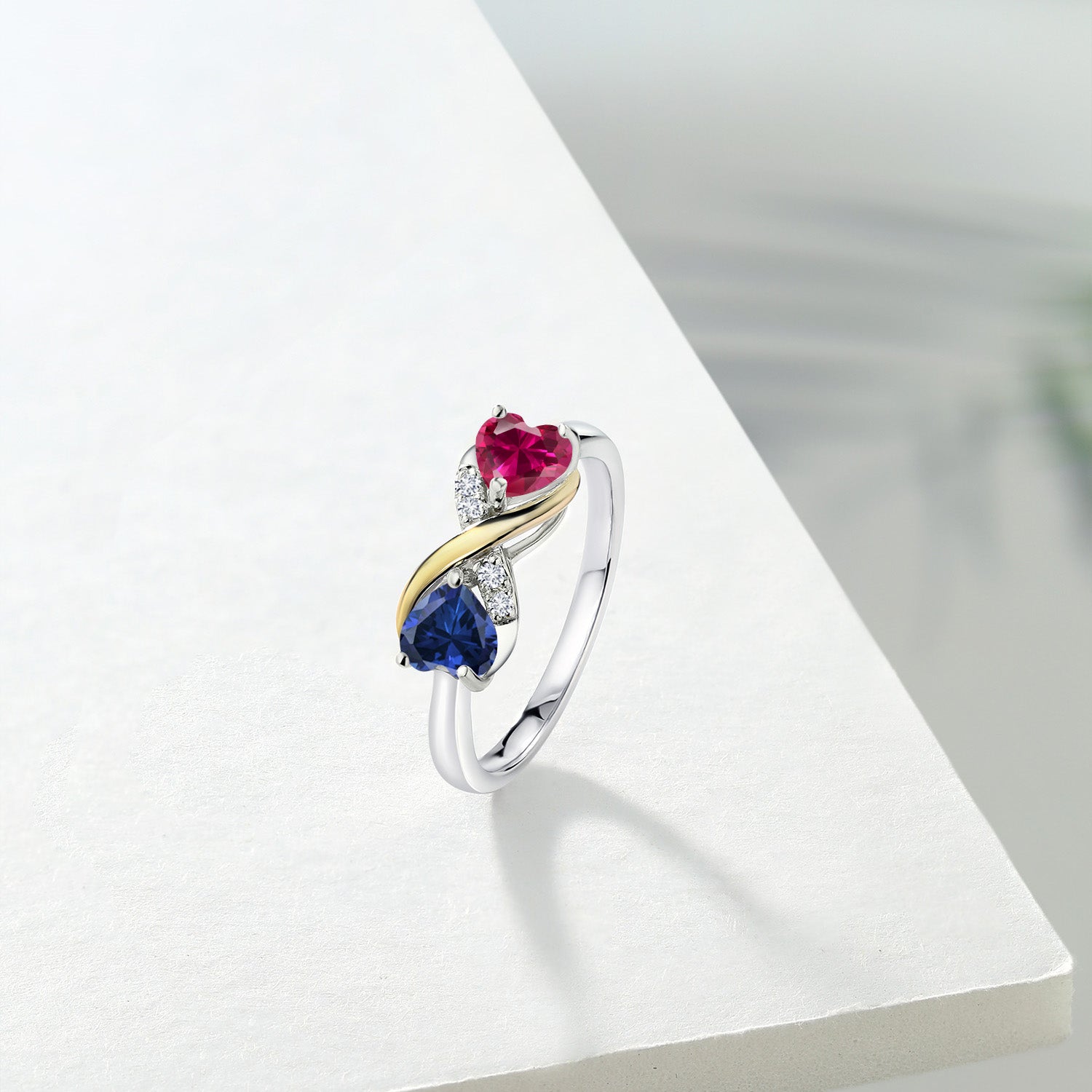 925 Sterling Silver and 10K Yellow Gold Red Created Ruby Blue Created Sapphire and Lab Grown Diamond Ring For Women (1.14 Cttw, Available In Size 5, 6, 7, 8, 9)