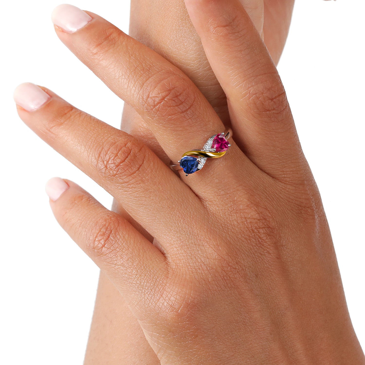 925 Sterling Silver and 10K Yellow Gold Red Created Ruby Blue Created Sapphire and Lab Grown Diamond Ring For Women (1.14 Cttw, Available In Size 5, 6, 7, 8, 9)