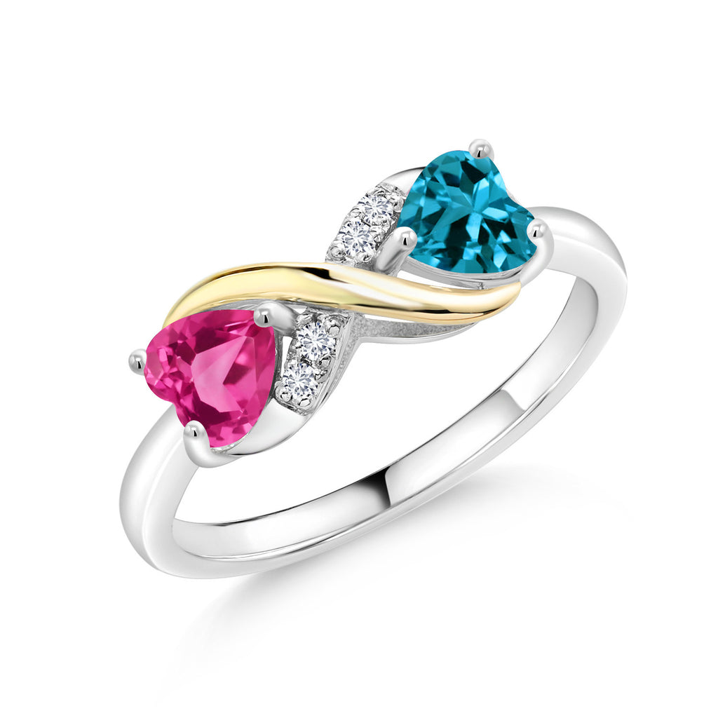 Pink Created Sapphire - London Blue Topaz_7_Ring in 925 Sterling Silver and 10K Yellow Gold