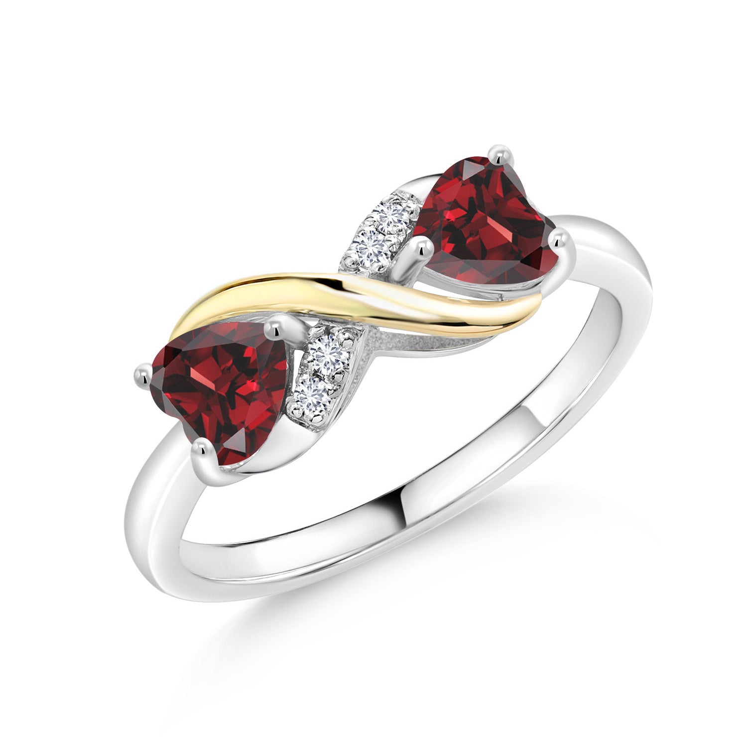 925 Silver and 10K Yellow Gold Red Garnet and White Lab Grown Diamond Women Ring (1.24 Cttw, Heart Shape 5MM, Gemstone Birthstone, Available In Size 5, 6, 7, 8, 9)