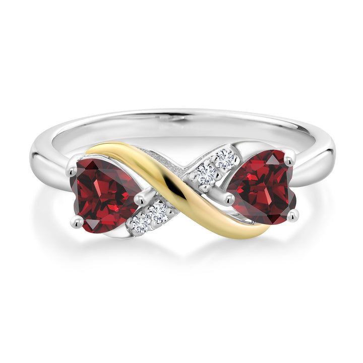 925 Silver and 10K Yellow Gold Red Garnet and White Lab Grown Diamond Women Ring (1.24 Cttw, Heart Shape 5MM, Gemstone Birthstone, Available In Size 5, 6, 7, 8, 9)