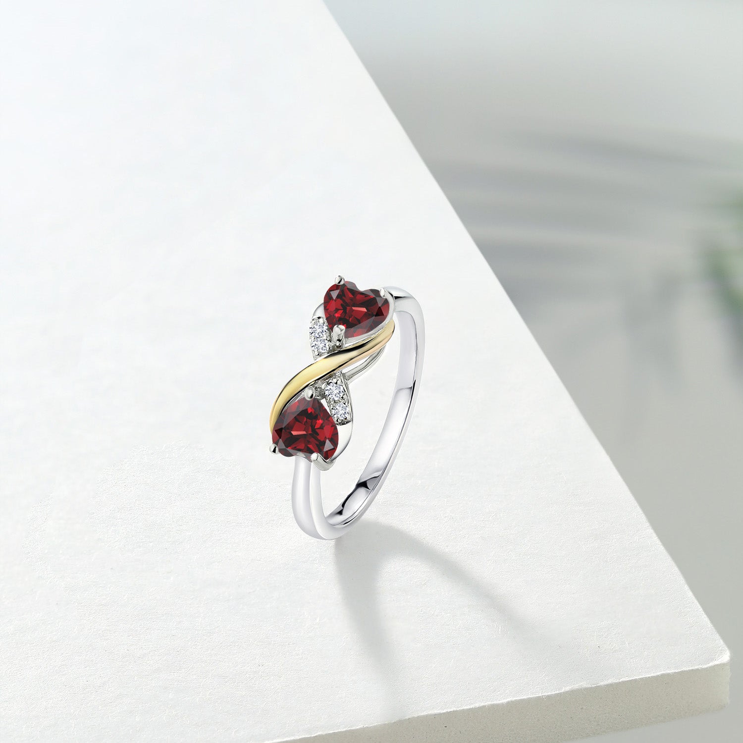 925 Silver and 10K Yellow Gold Red Garnet and White Lab Grown Diamond Women Ring (1.24 Cttw, Heart Shape 5MM, Gemstone Birthstone, Available In Size 5, 6, 7, 8, 9)