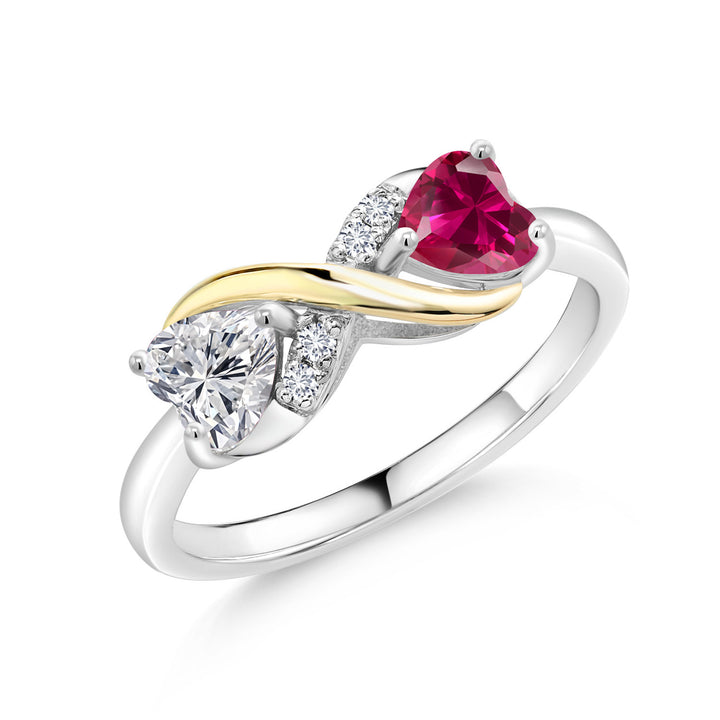 925 Silver and 10K Yellow Gold Lab Grown Diamond and Red Created Ruby Engagement Ring For Women | 1.08 Cttw | Heart Shape 5MM | Gemstone April Birthstone | Available in Size 5,6,7,8,9