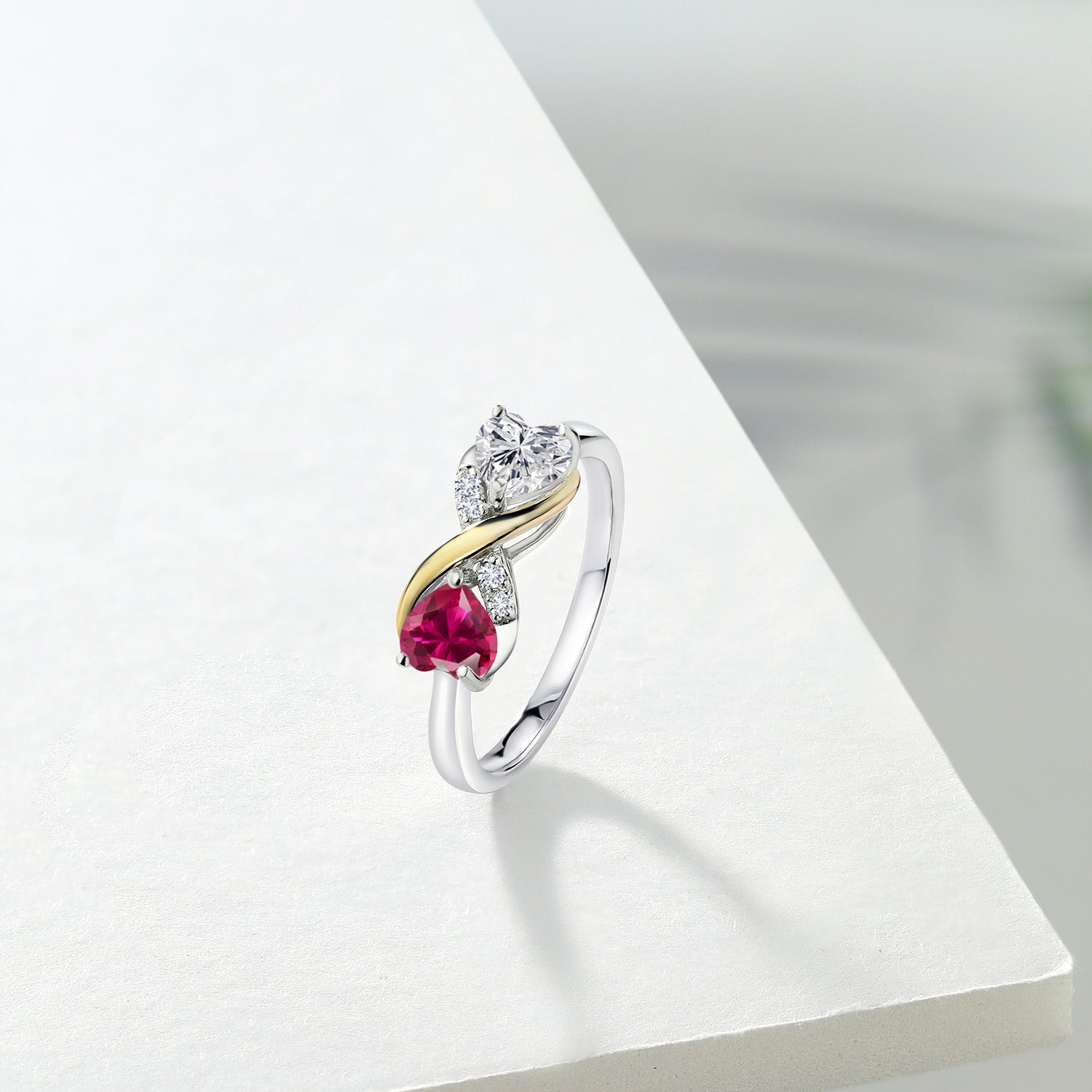 925 Silver and 10K Yellow Gold Lab Grown Diamond and Red Created Ruby Engagement Ring For Women | 1.08 Cttw | Heart Shape 5MM | Gemstone April Birthstone | Available in Size 5,6,7,8,9