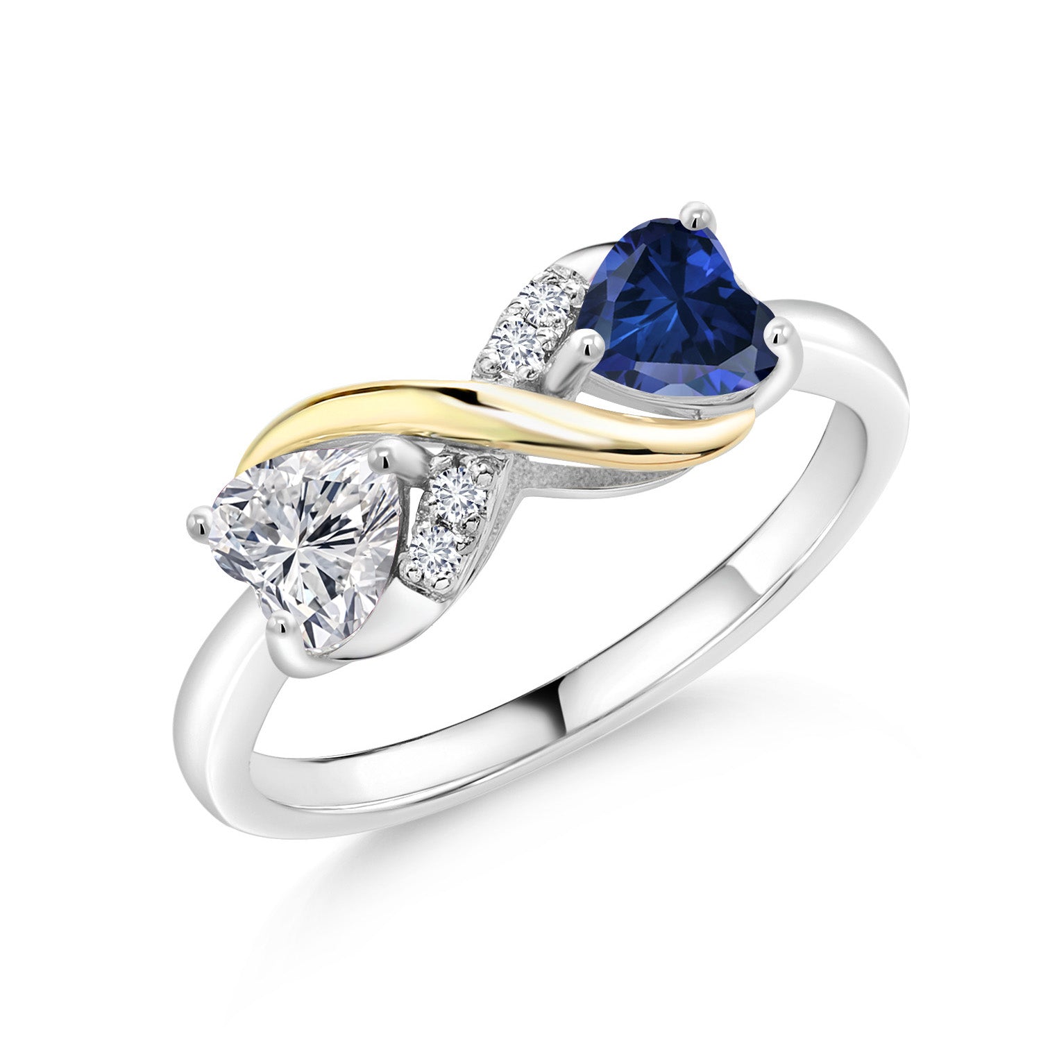 925 Silver and 10K Yellow Gold Lab Grown Diamond and Blue Created Sapphire Engagement Ring For Women | 0.98 Cttw | Heart Shape 5MM | Gemstone April Birthstone | Available in Size 5,6,7,8,9