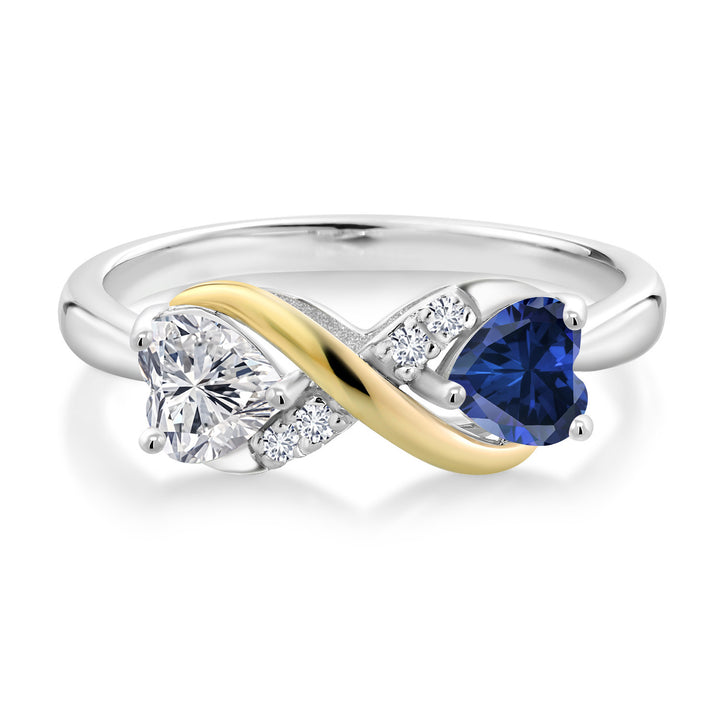 925 Silver and 10K Yellow Gold Lab Grown Diamond and Blue Created Sapphire Engagement Ring For Women | 0.98 Cttw | Heart Shape 5MM | Gemstone April Birthstone | Available in Size 5,6,7,8,9