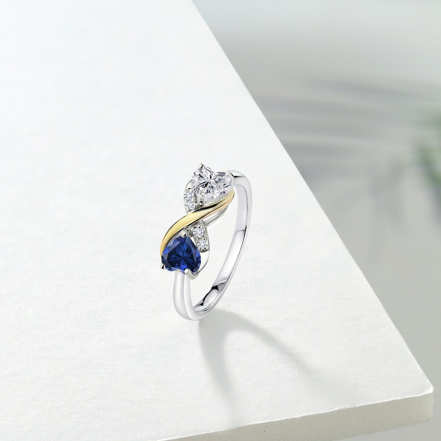 925 Silver and 10K Yellow Gold Lab Grown Diamond and Blue Created Sapphire Engagement Ring For Women | 0.98 Cttw | Heart Shape 5MM | Gemstone April Birthstone | Available in Size 5,6,7,8,9