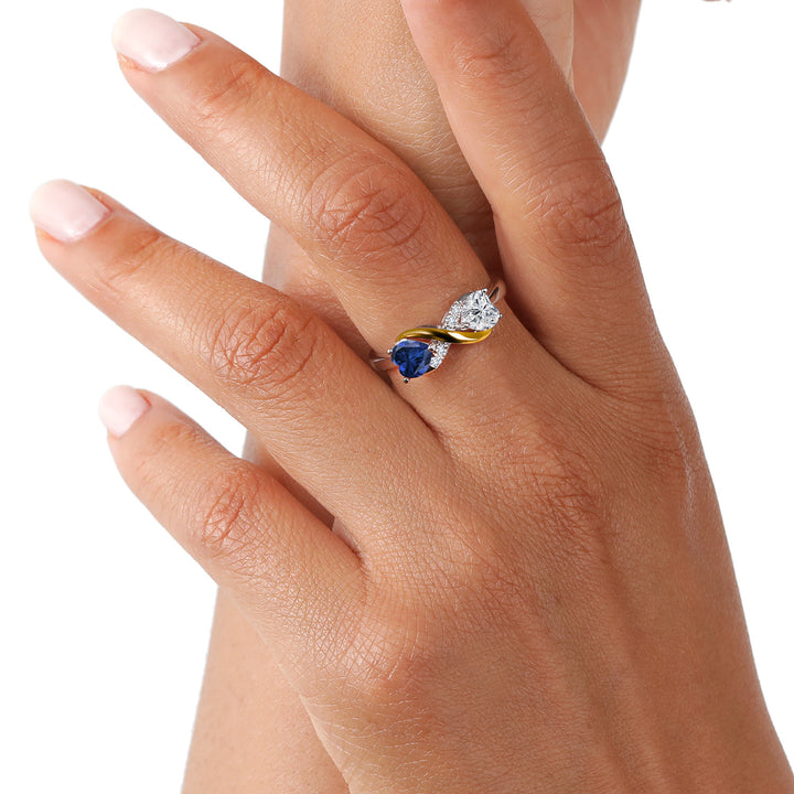 925 Silver and 10K Yellow Gold Lab Grown Diamond and Blue Created Sapphire Engagement Ring For Women | 0.98 Cttw | Heart Shape 5MM | Gemstone April Birthstone | Available in Size 5,6,7,8,9