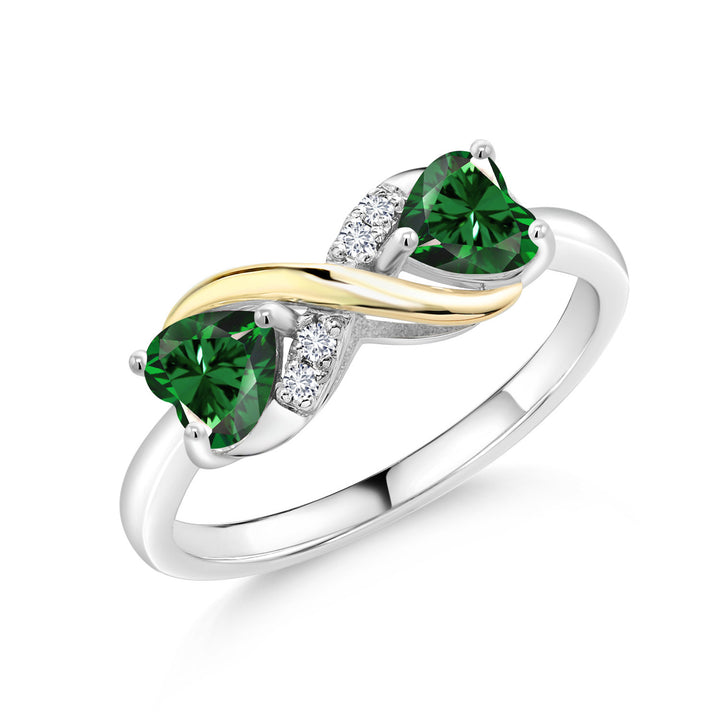 925 Sterling Silver and 10K Yellow Gold Green Nano Emerald and White Lab Grown Diamond Ring For Women (1.04 Cttw, Heart Shape 5MM, Available in size 5, 6, 7, 8, 9)