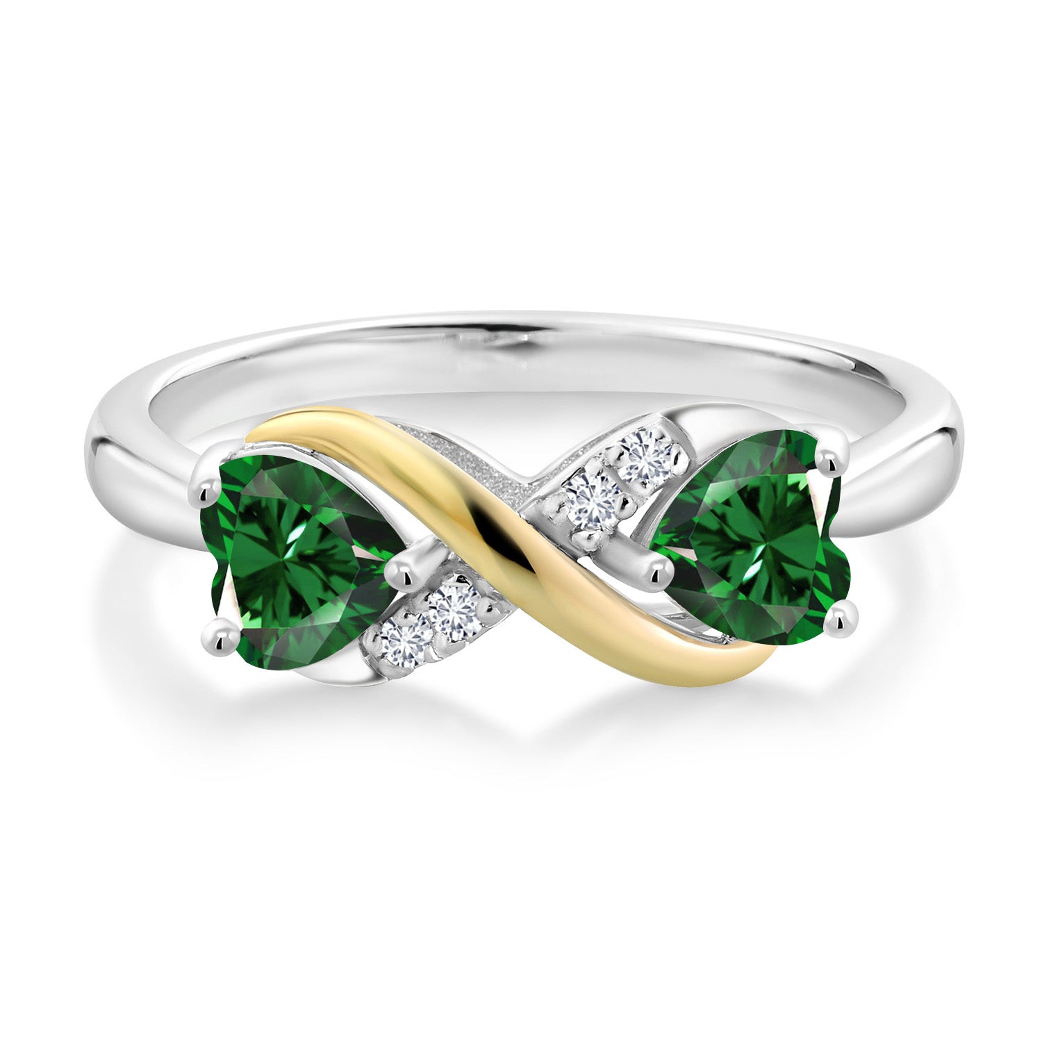 925 Sterling Silver and 10K Yellow Gold Green Nano Emerald and White Lab Grown Diamond Ring For Women (1.04 Cttw, Heart Shape 5MM, Available in size 5, 6, 7, 8, 9)