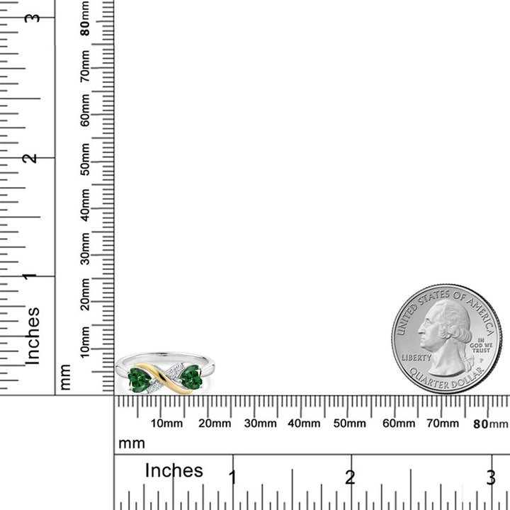 925 Sterling Silver and 10K Yellow Gold Green Nano Emerald and White Lab Grown Diamond Ring For Women (1.04 Cttw, Heart Shape 5MM, Available in size 5, 6, 7, 8, 9)