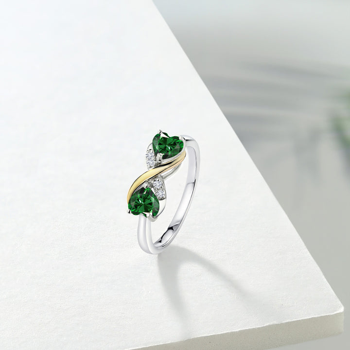 925 Sterling Silver and 10K Yellow Gold Green Nano Emerald and White Lab Grown Diamond Ring For Women (1.04 Cttw, Heart Shape 5MM, Available in size 5, 6, 7, 8, 9)