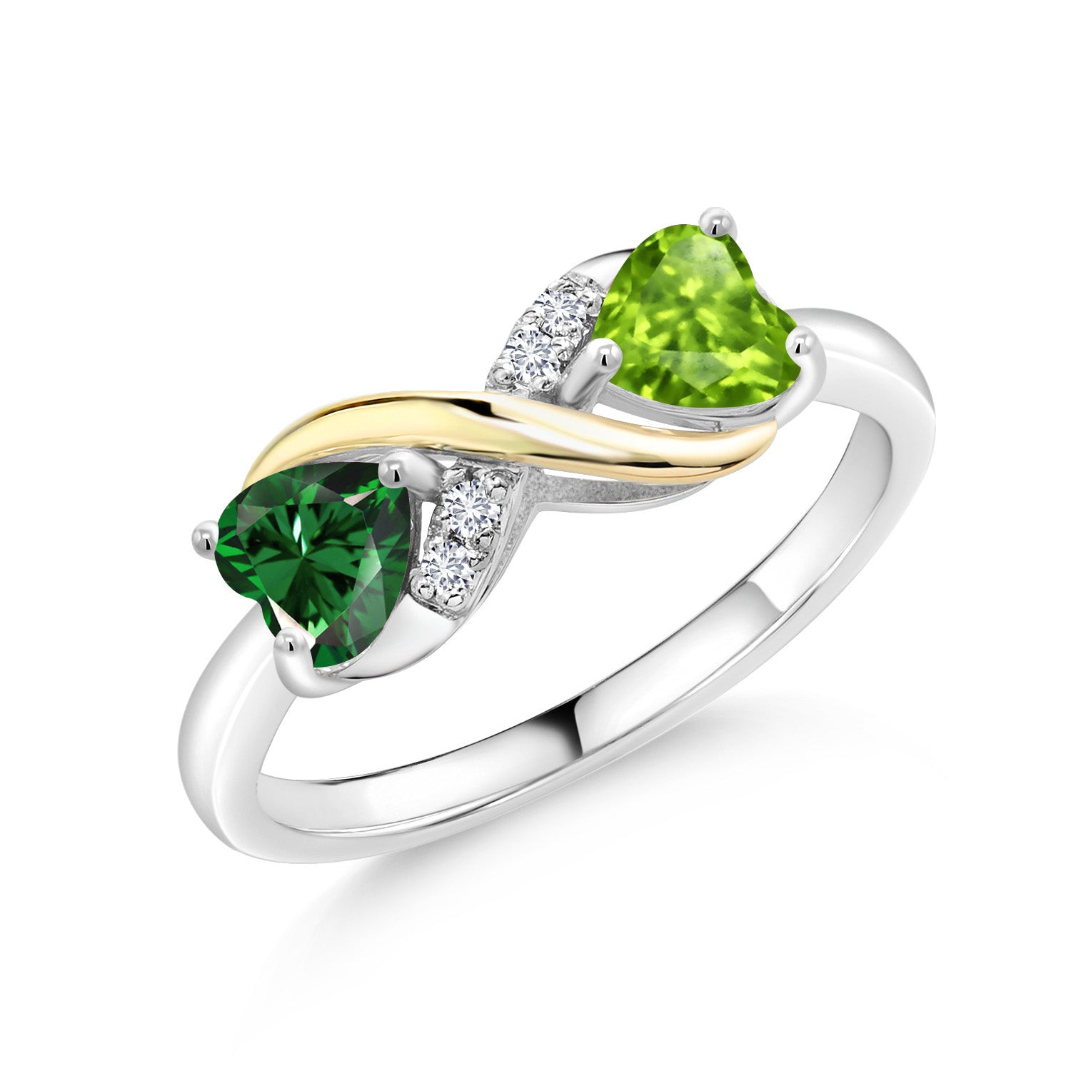 925 Sterling Silver and 10K Yellow Gold Green Nano Emerald Green Peridot and White Lab Grown Diamond Women Ring (1.04 Cttw, Available In Size 5, 6, 7, 8, 9)