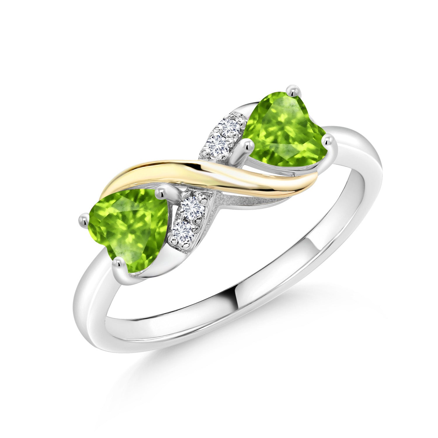 925 Silver and 10K Yellow Gold Heart Shape Green Peridot and White Lab Grown Diamond Women Ring (1.04 Cttw, Gemstone Birthstone, Available In Size 5, 6, 7, 8, 9)