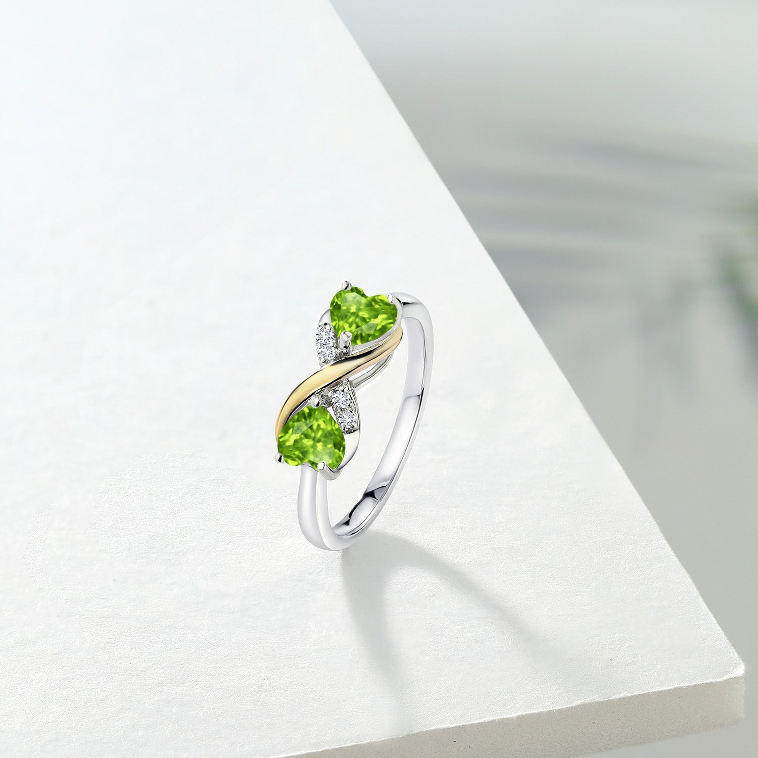 925 Silver and 10K Yellow Gold Heart Shape Green Peridot and White Lab Grown Diamond Women Ring (1.04 Cttw, Gemstone Birthstone, Available In Size 5, 6, 7, 8, 9)