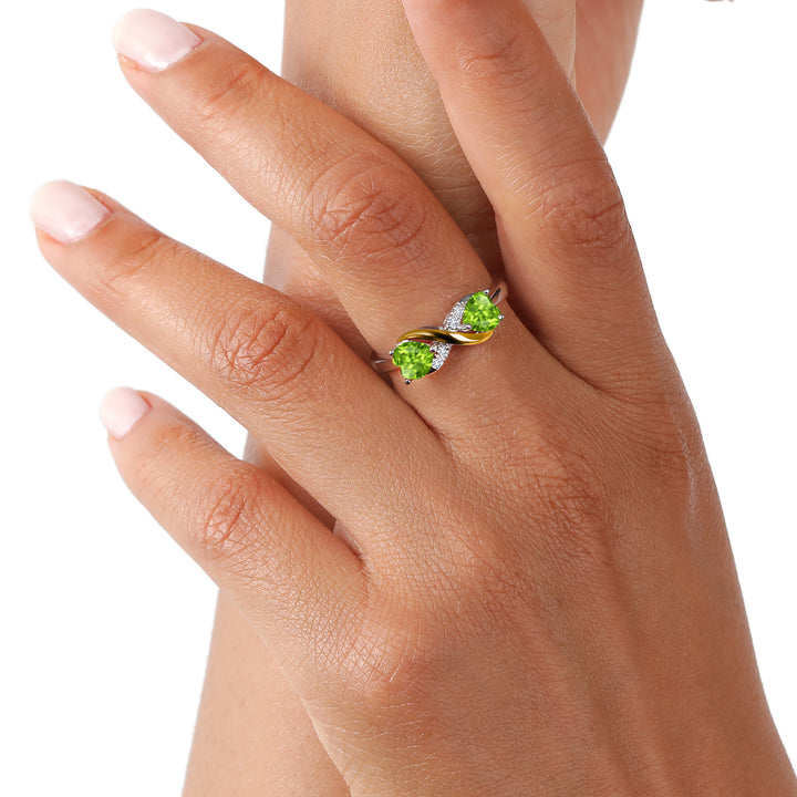 925 Silver and 10K Yellow Gold Heart Shape Green Peridot and White Lab Grown Diamond Women Ring (1.04 Cttw, Gemstone Birthstone, Available In Size 5, 6, 7, 8, 9)