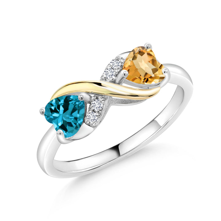 Gem Stone King 925 Silver 10K Yellow Gold Gemstone Birthstone Eternal Love Infinity Ring for Women with Lab-Grown Diamond Accents | Heart 5MM & Round 1.3MM | Two-Tone Wedding Anniversary Promise Ring