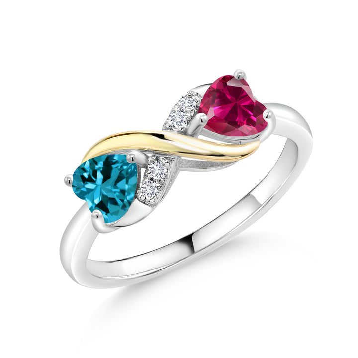 London Blue Topaz - Created Ruby_5_Ring in 925 Sterling Silver and 10K Yellow Gold