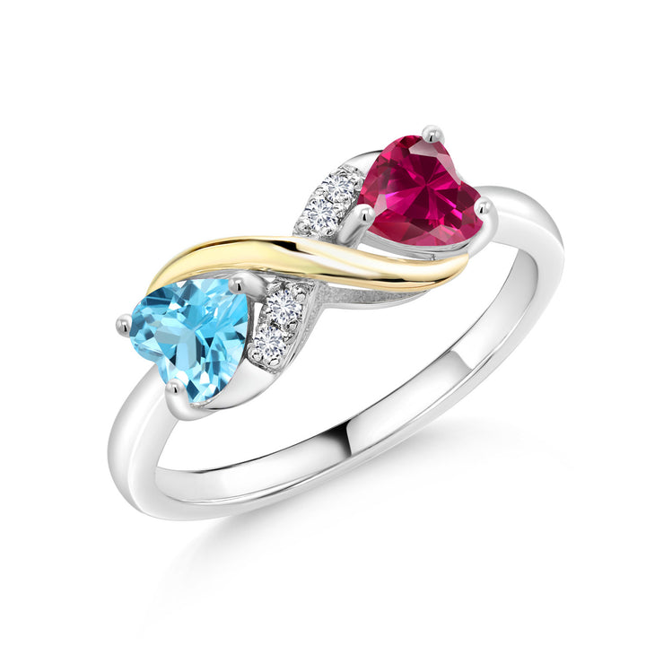 Swiss Blue Topaz - Created Ruby_5_Ring in 925 Sterling Silver and 10K Yellow Gold