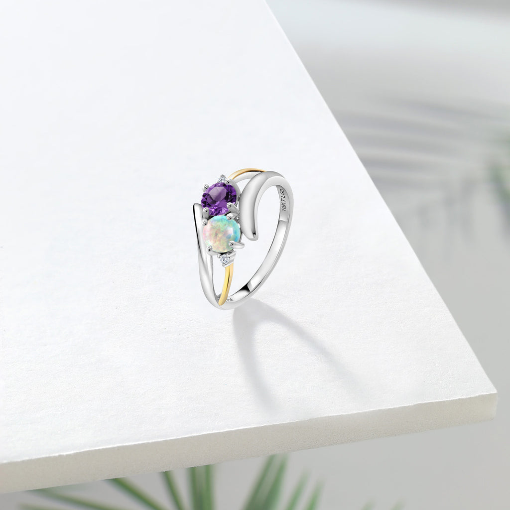 Amethyst - Opal and Lab Grown Diamond_7_Ring in 925 Sterling Silver and 10K Yellow Gold