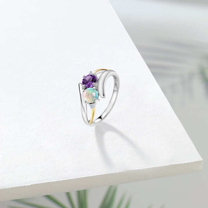 Amethyst - Opal and Lab Grown Diamond_7_Ring in 925 Sterling Silver and 10K Yellow Gold