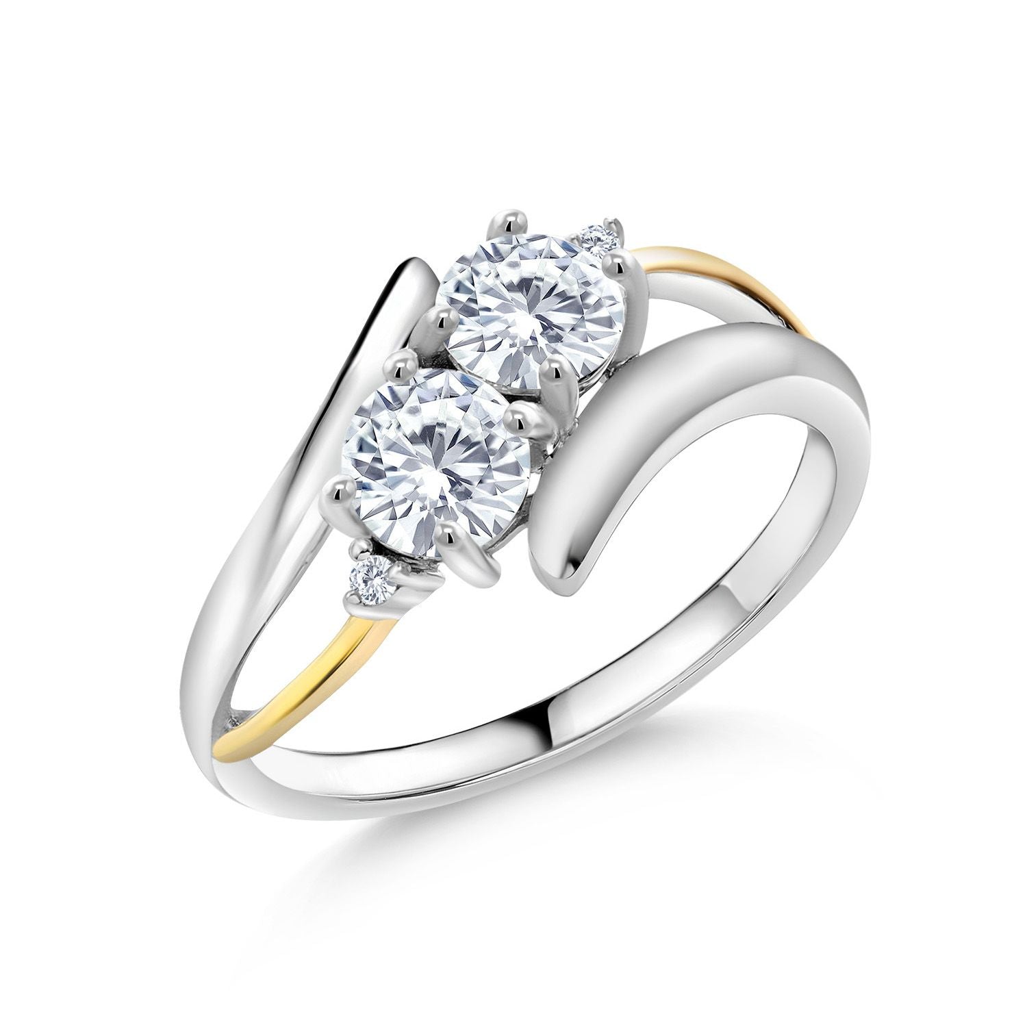 925 Silver and 10K Yellow Gold White Moissanite and White Lab Grown Diamond 2-Stone Crossover Ring For Women (1.02 Cttw, Available in Size 5,6,7,8,9)