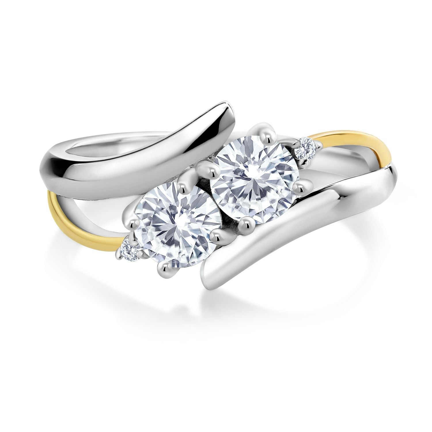 925 Silver and 10K Yellow Gold White Moissanite and White Lab Grown Diamond 2-Stone Crossover Ring For Women (1.02 Cttw, Available in Size 5,6,7,8,9)