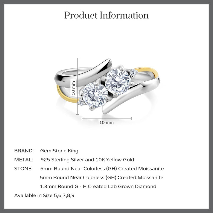 925 Silver and 10K Yellow Gold White Moissanite and White Lab Grown Diamond 2-Stone Crossover Ring For Women (1.02 Cttw, Available in Size 5,6,7,8,9)