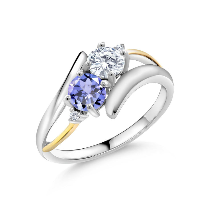 Gem Stone King 2-Stone Crossover Ring for Women | 925 Silver and 10K Yellow Gold Gemstone Birthstone Bypass Ring | Jewelry Gifts for Mom Wife Her