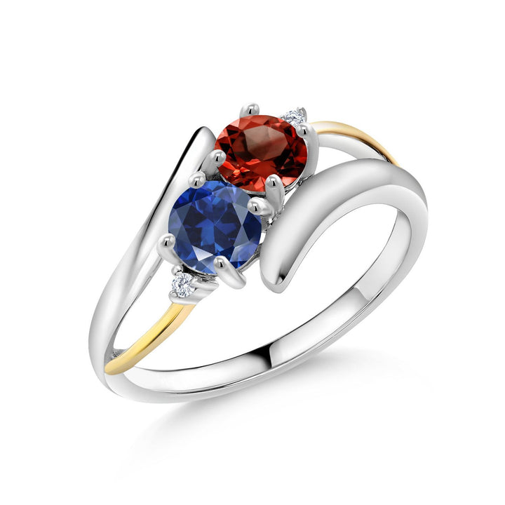 925 Silver and 10K Yellow Gold Red Garnet Blue Created Sapphire and White Lab Grown Diamond Two Stone Crossover Ring For Women (1.17 Cttw, Available In Size 5, 6, 7, 8, 9)