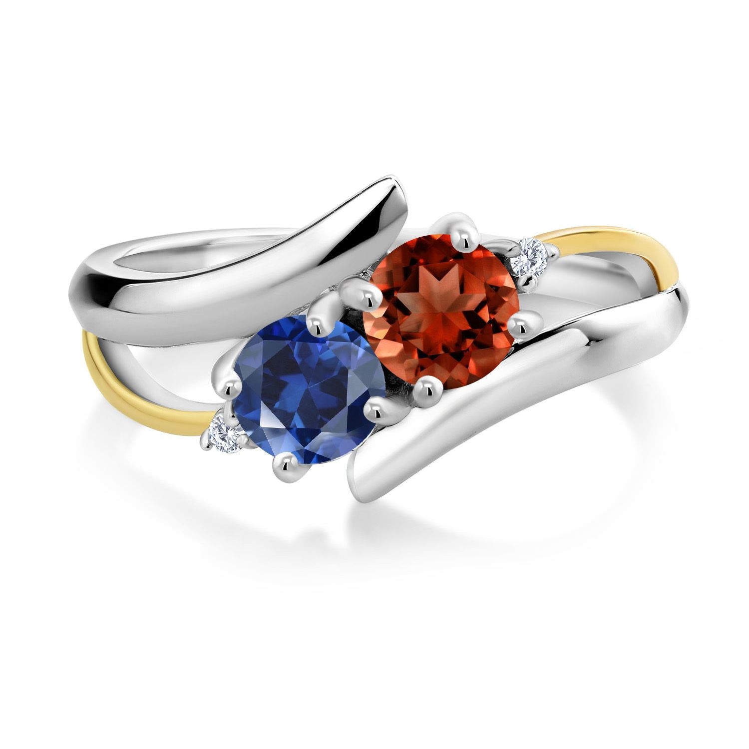 925 Silver and 10K Yellow Gold Red Garnet Blue Created Sapphire and White Lab Grown Diamond Two Stone Crossover Ring For Women (1.17 Cttw, Available In Size 5, 6, 7, 8, 9)