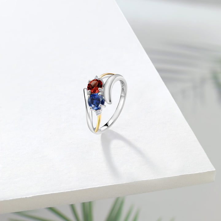 925 Silver and 10K Yellow Gold Red Garnet Blue Created Sapphire and White Lab Grown Diamond Two Stone Crossover Ring For Women (1.17 Cttw, Available In Size 5, 6, 7, 8, 9)