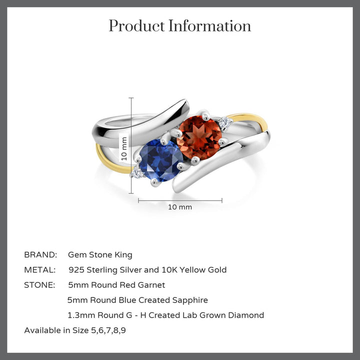 925 Silver and 10K Yellow Gold Red Garnet Blue Created Sapphire and White Lab Grown Diamond Two Stone Crossover Ring For Women (1.17 Cttw, Available In Size 5, 6, 7, 8, 9)