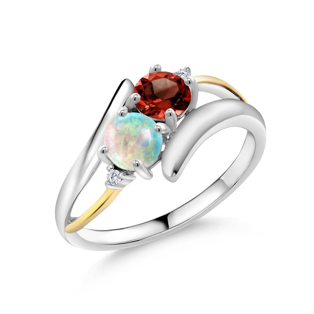 White Simulated Opal - Garnet_5_Ring in 925 Sterling Silver and 10K Yellow Gold