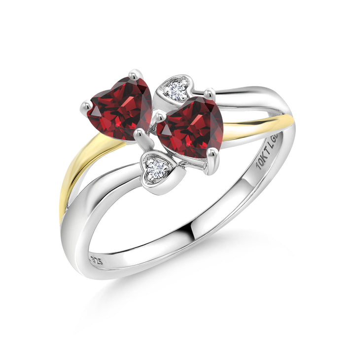 925 Silver and 10K Yellow Gold Red Garnet and White Lab Grown Diamond Ring For Women (1.22 Cttw, January Birthstone, Heart Shape 5MM, Available in Size 5,6,7,8,9)