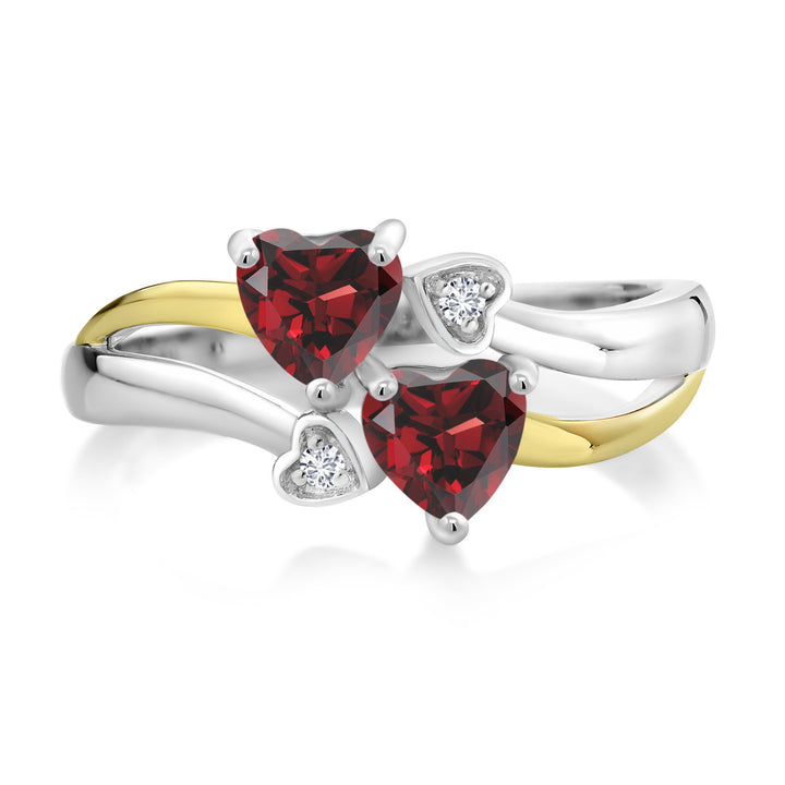 925 Silver and 10K Yellow Gold Red Garnet and White Lab Grown Diamond Ring For Women (1.22 Cttw, January Birthstone, Heart Shape 5MM, Available in Size 5,6,7,8,9)