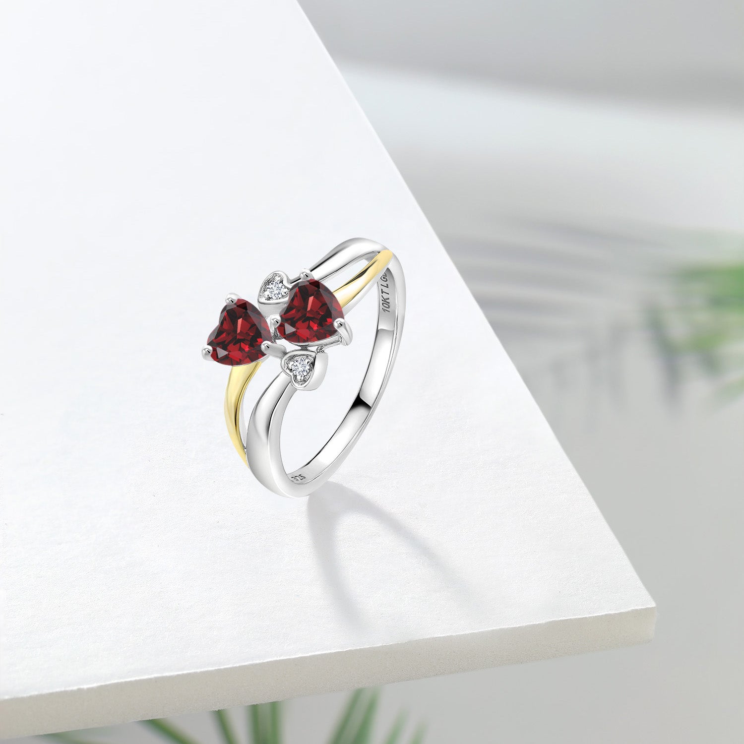 925 Silver and 10K Yellow Gold Red Garnet and White Lab Grown Diamond Ring For Women (1.22 Cttw, January Birthstone, Heart Shape 5MM, Available in Size 5,6,7,8,9)